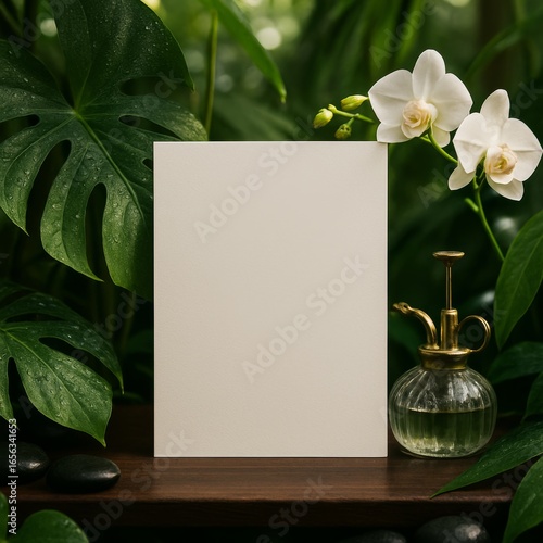 Vertical Blank Card Mockup in a Tranquil Botanical Setting with Orchids and Monstera Leaves
