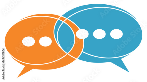Interconnected Orange and Blue Speech Bubbles with Dots.
