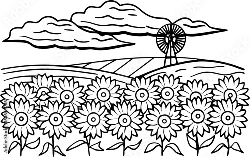Field of blooming sunflowers with windmill and clouds in rural landscape nature agriculture floral scene