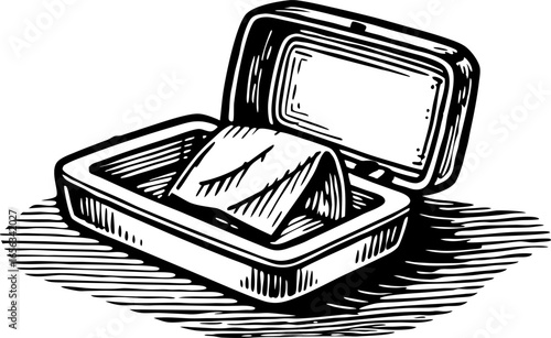 Wet wipes container open with a single wipe, vintage hand drawn illustration, personal hygiene cleaning care