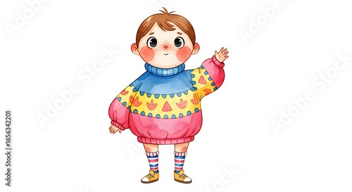 Cute child wearing colorful sweater and waving in an isolated cartoon style, perfect for playful designs