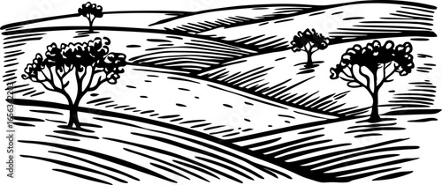 Rolling rural farmland landscape with distant hills and scattered trees hand drawn countryside illustration
