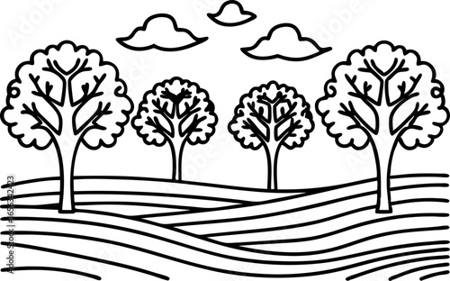 Outlined trees on rolling hills landscape black and white line drawing of nature scenery with clouds in sky
