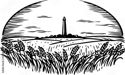 Wheat field with distant lighthouse, rural landscape illustration black and white agriculture, grain harvest scene