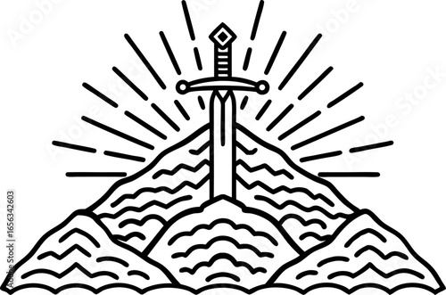 Legendary sword in stone on mountain peak iconic fantasy excalibur concept, epic adventure, heroic quest illustration