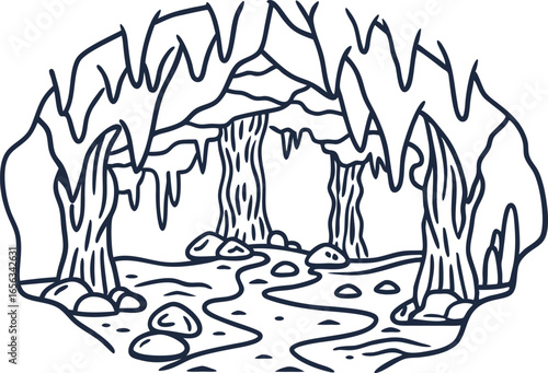 Underground cave with stalactites and stalagmites rocky interior, natural cavern formation, geology illustration