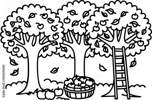 Apple orchard harvest scene with three trees, falling leaves, basket of apples, and leaning wooden ladder