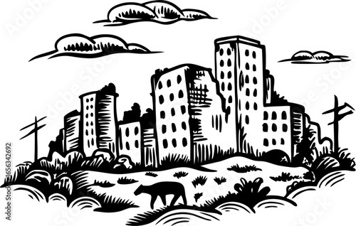 Abandoned city skyline silhouette, decaying urban buildings, overgrown landscape, stray animal, monochrome illustration