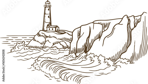 Lighthouse on rocky coastal cliffs, ocean waves crashing nautical safety, maritime navigation, seascape drawing