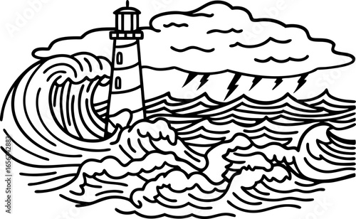 Lighthouse standing strong during stormy sea with crashing waves, turbulent water, clouds, and lightning bolts