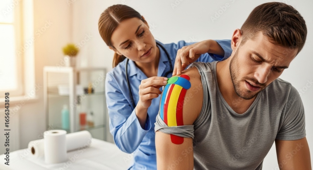 Fototapeta premium Healthcare Professional Applying Colorful Athletic Tape to Man Shoulder in Medical Clinic