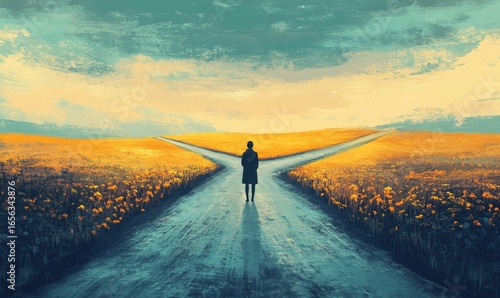 Stylized illustration of a person standing at a crossroads, contemplating a major decision about life, career, and future direction, symbolizing the challenges and choices in personal, Generative AI