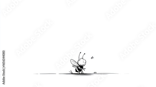Cartoon bee sketch stands on ground, tiny fly above, minimalist drawing