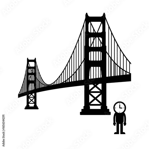 Suspension bridge with human clock character in vector art