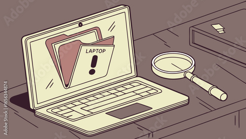 Laptop with Error Alert and Magnifying Glass.