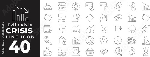 Banking crisis set of web icons in line style. Financial linear icons collection. Containing bank, bankrupt, chart, credit card, debt, dollar, economy, fall, money, risk. Editable stroke