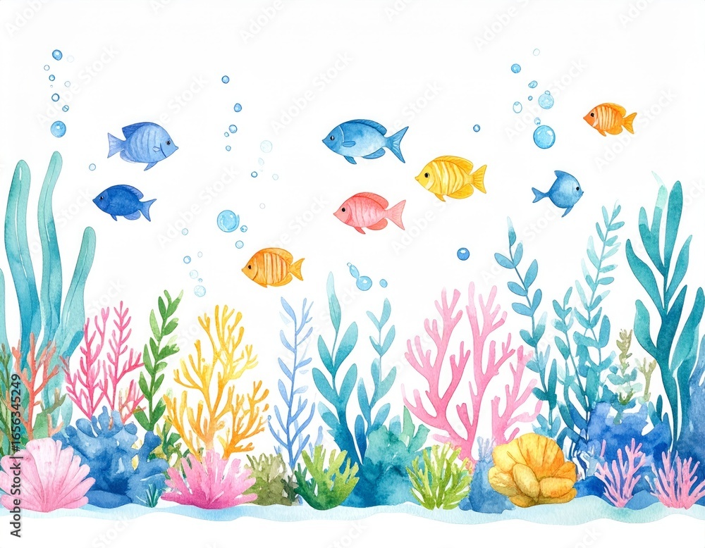 Obraz premium Vibrant Underwater Scene with Colorful Fish and Coral Reef Illustration