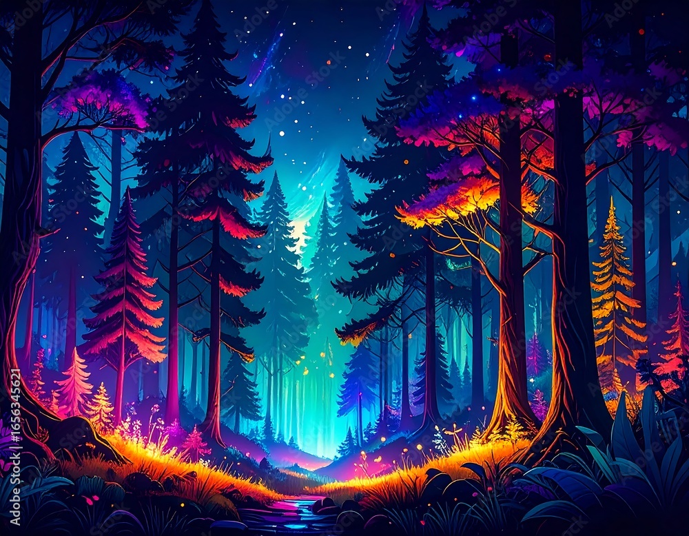 Fototapeta premium Vibrant night forest scene