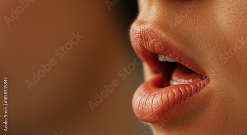 Close up of a womans open mouth with red lips and a sensual expression