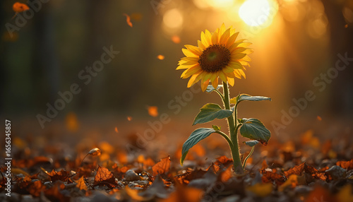 Sunflower in Field of Fallen Autumn Leaves at Sunset