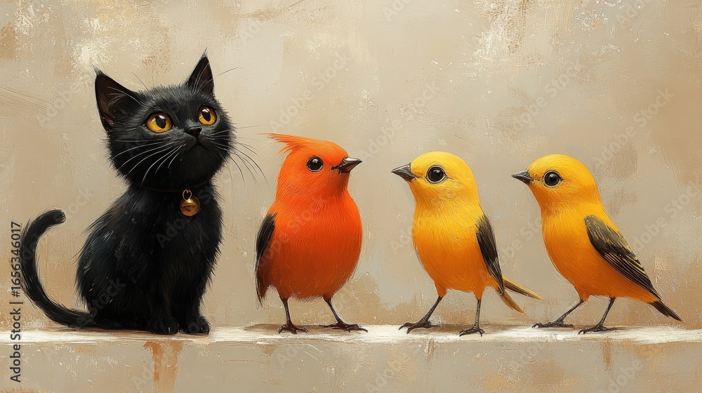Fototapeta premium Cute cat and birds on a shelf
