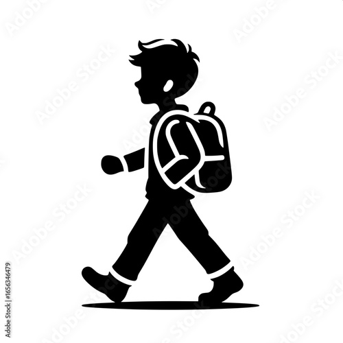 Schoolboy with Backpack Walking Side View