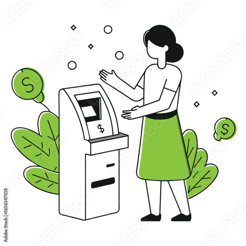 Young woman interacting with an ATM, in casual clothing, using a financial transaction machine in a modern setting. Female customer interacting with a bank ATM machine in a casual outdoor setting.