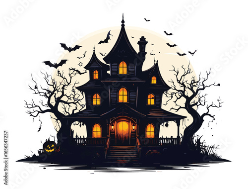 Spooky Haunted House Under Moonlight Halloween Night Scene