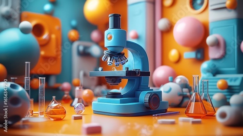 Colorful science lab scene with microscope