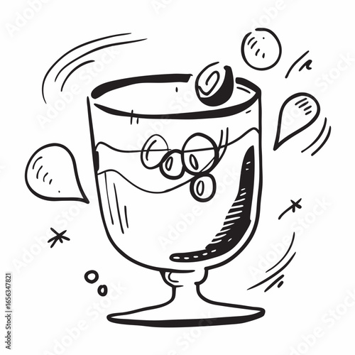 Hand-drawn glass of sangria with fruits and bubbles in sketch style  