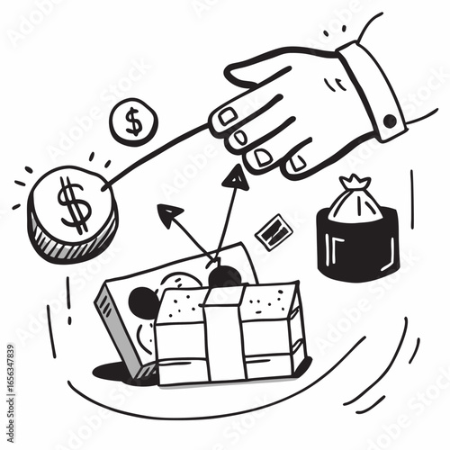 Hand tossing money near gifts and cash in sketch style, refinance concept  