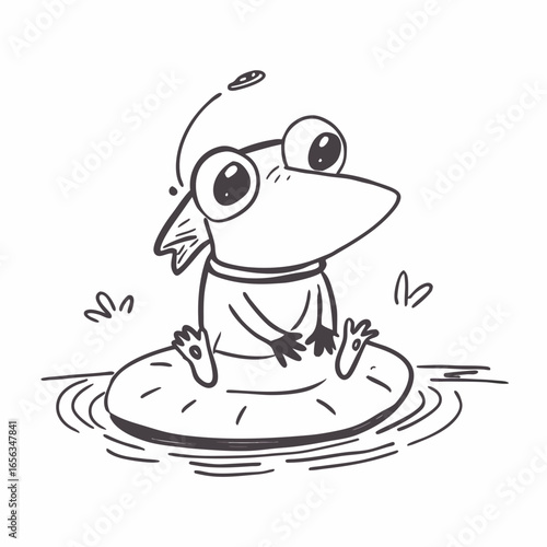 Frog sitting on a lily pad in a pond with playful expression  