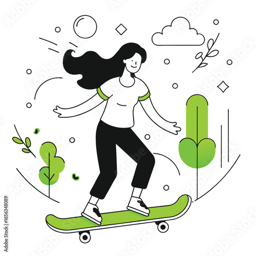 Young woman skateboarding in a park setting. Dynamic pose with playful background elements. Female amateur athlete in a park -