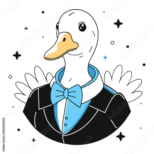 A stylized duck in formalwear, posing in a circular graphic. Stylish cartoon duck wearing a tuxedo, bowtie, and wings with abstract space background.