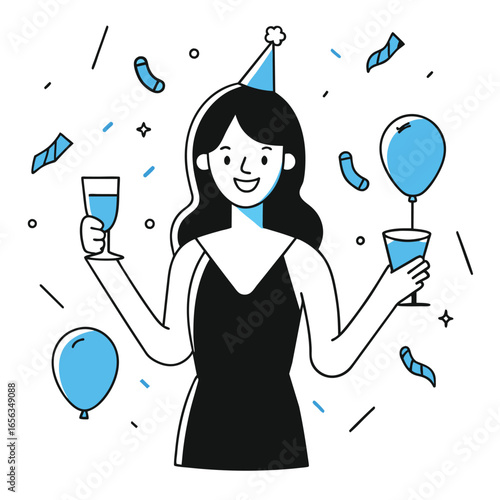 A young woman in a black dress, wearing a party hat, holding a celebratory drink in a party setting. Smiling cheerfully with balloons and confetti, a festive celebration scene.