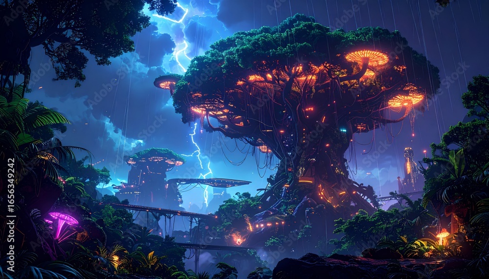 Fototapeta premium Lush Cyberpunk Rainforest Cityscape