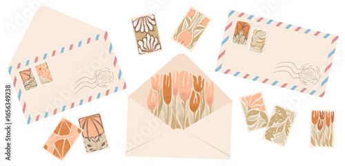 Post card, envelope and post stamp set. Collection of hand drawn mail elements isolated on white background. Vintage letter with flowers. Stationery vector illustrations for web and print