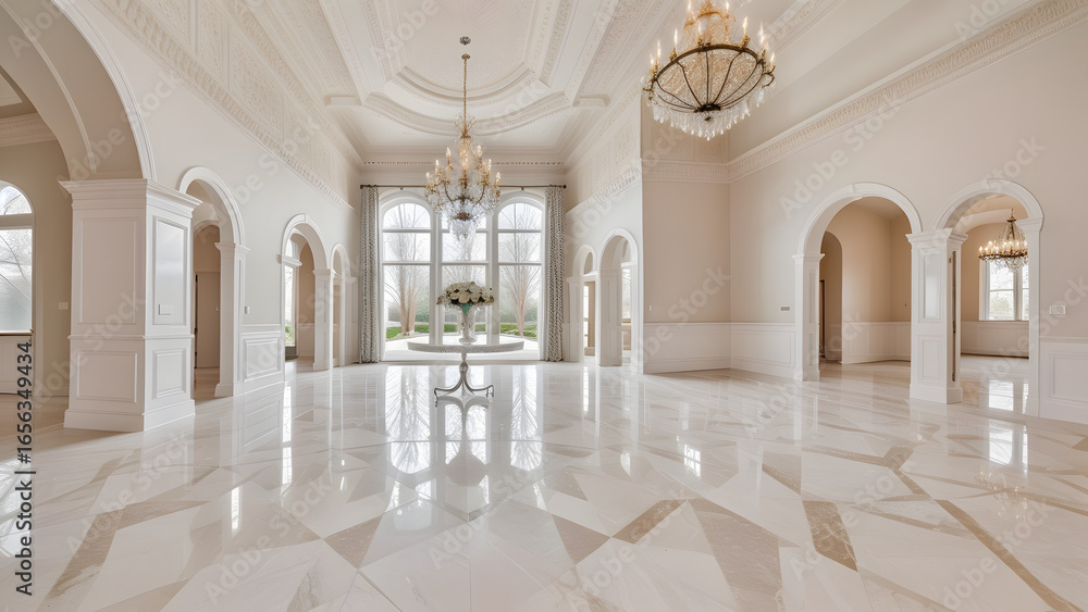 Fototapeta premium Elegant and spacious interior of a luxurious mansion hall with high ceilings, arched doorways, and a reflective polished marble floor.