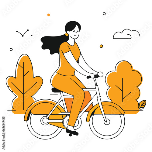 Woman riding bicycle in park setting. Smiling female cyclist in casual attire outdoors on a paved path. Young adult female cyclist in park. Active lifestyle.