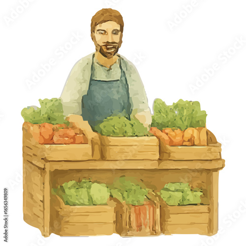 Male Grocer Behind Vegetable Stall Watercolor Illustration