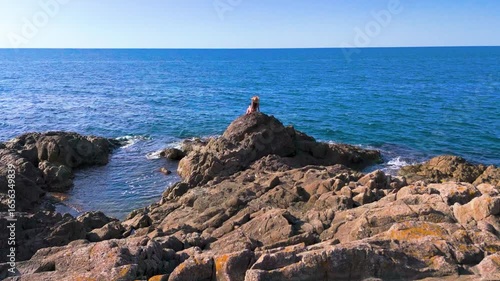 Beautiful Woman in Bikini Sitting on Rocks by the Sea – Stunning 4K Aerial Slow Motion