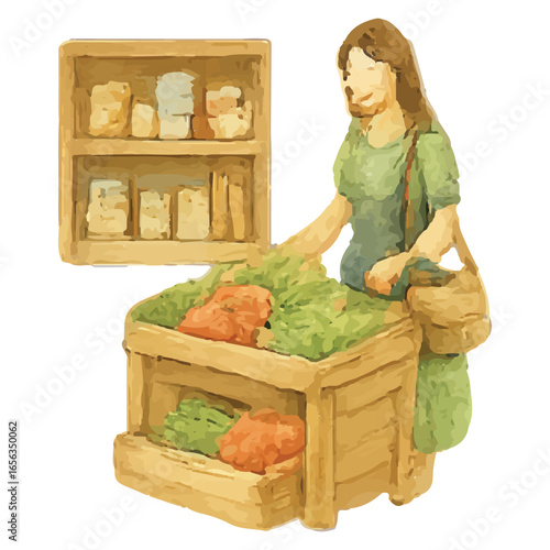 Female Grocer Behind Vegetable Stall Watercolor Illustration