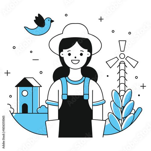 Young female farmer in overalls and straw hat, standing confidently in a rural setting with farm equipment and bird. Happy female farmer with professional role in agricultural setting.