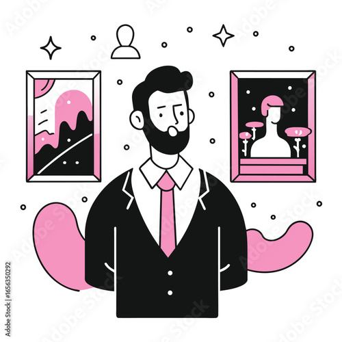 A male art gallery owner in a suit and tie contemplates modern art pieces in a gallery setting. Middle-aged professional art curator standing in front of gallery artwork in a contemporary art gallery.