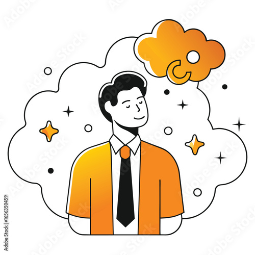 Young businessman in orange blazer/shirt and tie, thoughtfully gazing into the distance with a thought bubble above his head. Male professional in an office setting.
