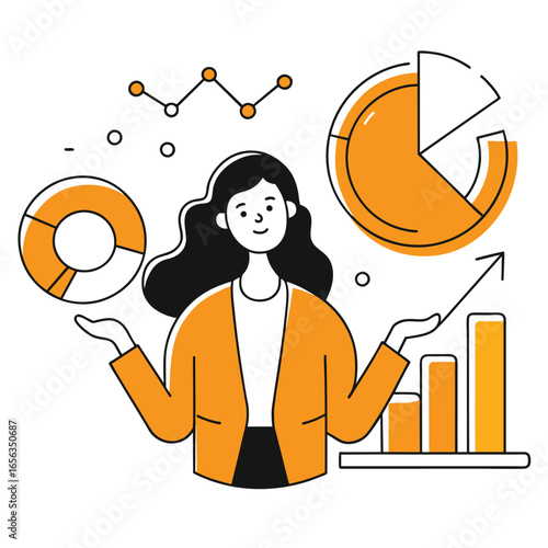 Female professional in a mustard yellow blazer and skirt, presenting data graphs and charts. Explaining business data, charts and graphs at a conference or business meeting.