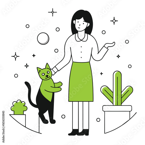 Young woman in a white blouse and green skirt interacting with a black and green cat in a home office setting. Friendly interaction with a pet in a modern, comfortable office space.