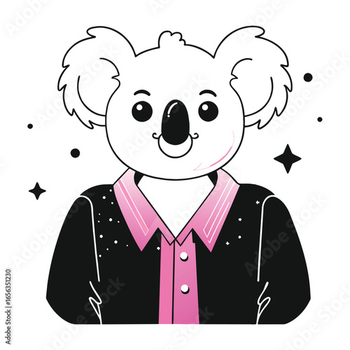 Cute koala in stylish black and pink attire, presenting a confident pose against a simple white background. Adorable koala mascot in a sporty polo shirt and jacket.