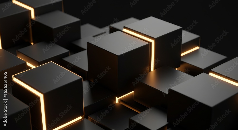 Obraz premium Illuminated Black Cubes: Abstract 3D Geometric Design with Warm Gold Accents