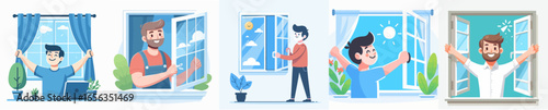 vector of a man opening the window in the morning